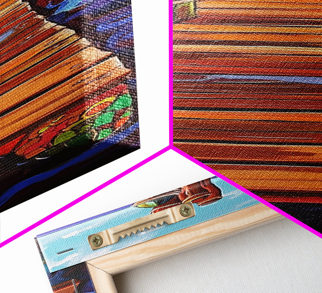 Dock Ocean, Pier, Framed Canvas Print, Seaside Wall Art, Nautical Coastal Decor, Whimsical Ocean Painting, Beach House Style