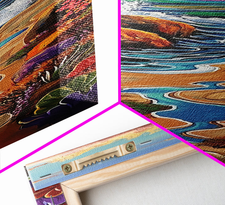 Beach Path, Rocks, Canvas Print, Coastal Wall Art, Nature Inspired Hallway Decor, Vibrant Ocean Scene, Boho Beach Aesthetic