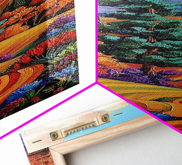 Autumn Pathway, Fields Vibrant — Framed Canvas Print, fall landscape painting, rustic farmhouse decor, countryside path wall art, living room