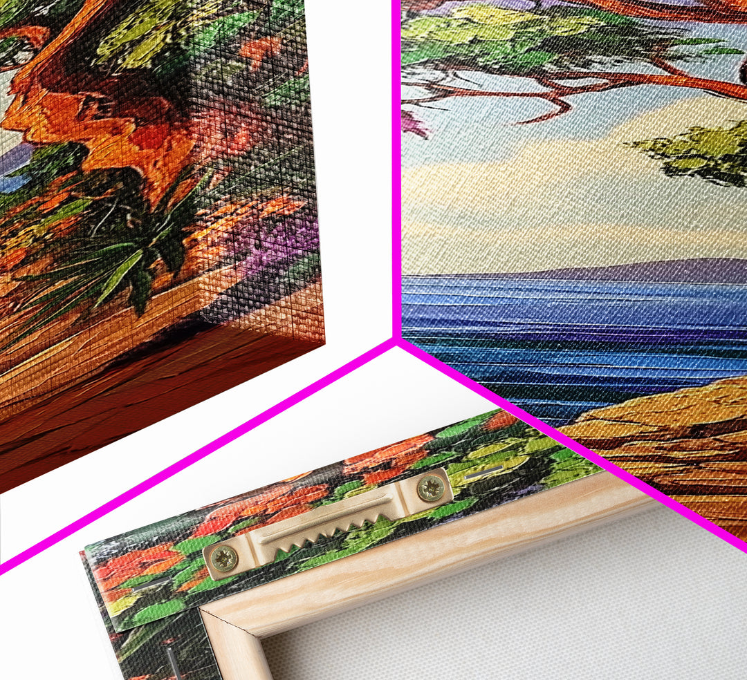 Coastal Trail,Trees,Escape — Framed Canvas Print, tropical coastal decor, beachside nature wall art, entryway or hallway boho painting