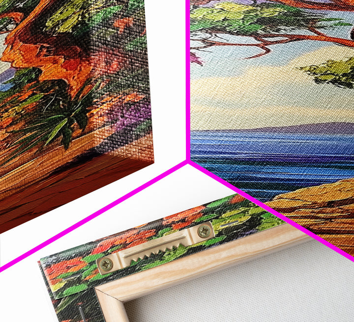 Coastal Trail,Trees,Escape — Framed Canvas Print, tropical coastal decor, beachside nature wall art, entryway or hallway boho painting