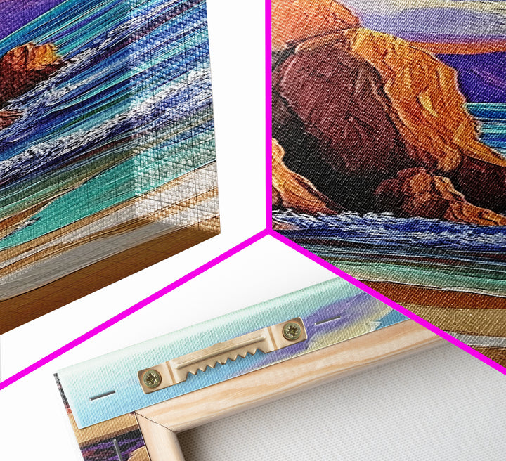 Rocky Coast, Ocean Cliffs, Sunset Mountain Seascape, Framed Canvas Print, Nature Landscape Wall Art, Fall Living Room Wilderness Decor