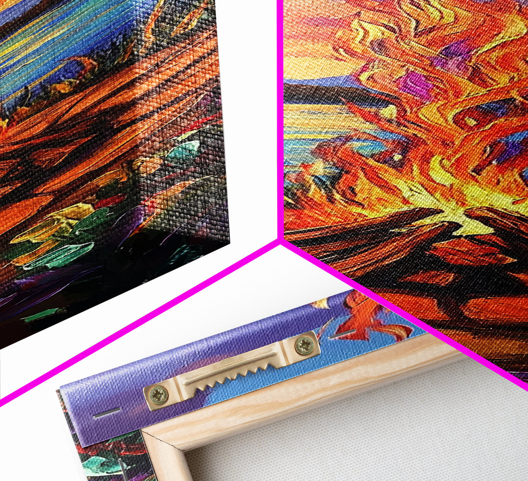 Campfire Flames, Sunset Lake – Rustic Firepit Wall Art, Cozy Cabin Vibes, Autumn Nature Scene, Framed Canvas Print, Lodge Decor