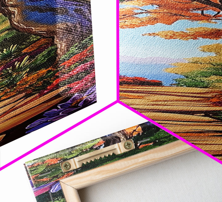 Autumn Pathway, Forest, Nature — Framed Canvas Print of scenic forest path with fall trees, cozy rustic living room wall decor, woodland art