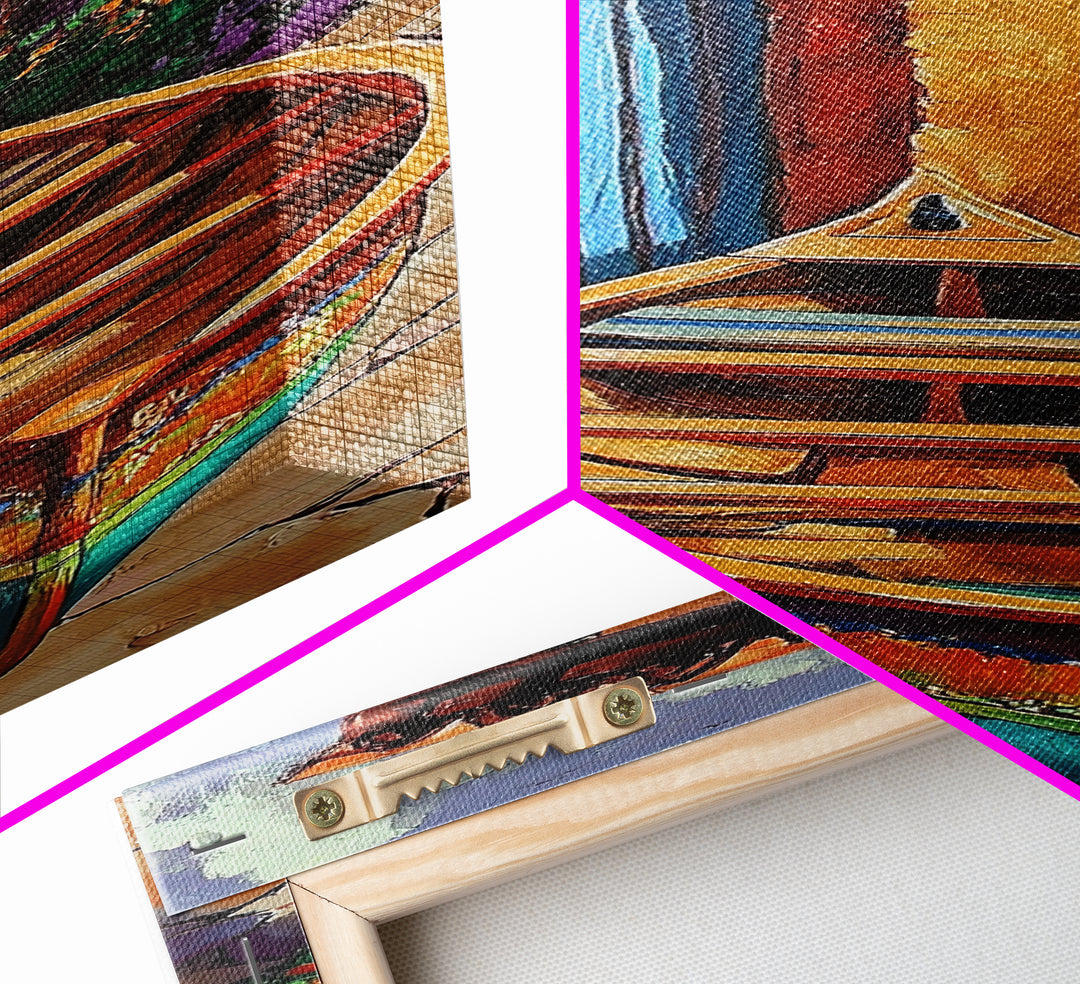 Docked Boat Flowers Villa, Framed Canvas Print, Mediterranean coastal home decor, bright rustic art, hallway wall art, summer lakehouse print