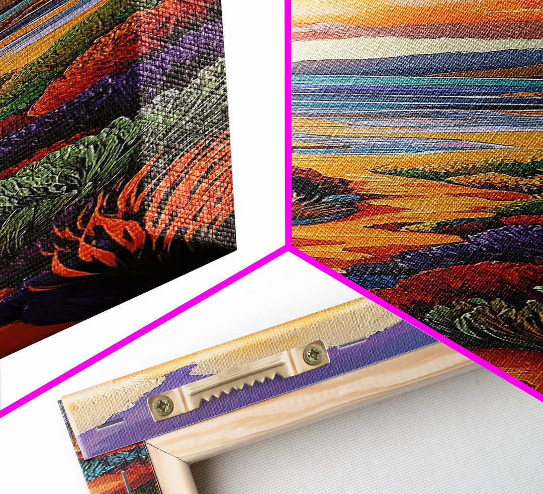 Beach Trail, Colorful Dunes, Seaside Nature, Framed Canvas Print, vibrant coastal landscape painting, tropical home wall art, bedroom art