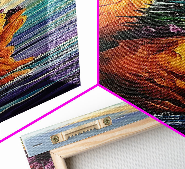 Coastal Cliffside, Waterfall, Pines - Framed Canvas Print, vibrant coastal landscape art, boho nature painting, hallway or office wall art