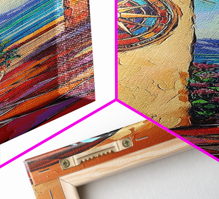 Coastal Compass, Archway View, Framed Canvas Print, Mediterranean boho home decor, nautical hallway wall art, vibrant beach escape