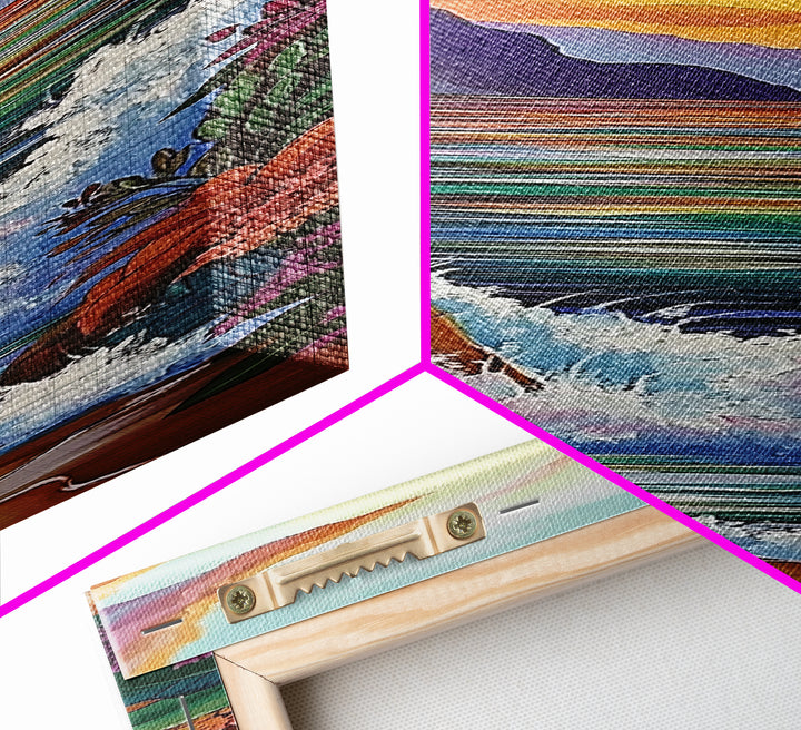 Coastal Sunset Waves Garden, Framed Canvas Print, Ocean beach sunset painting, floral wall decor, coastal fall home art, bohemian vibe