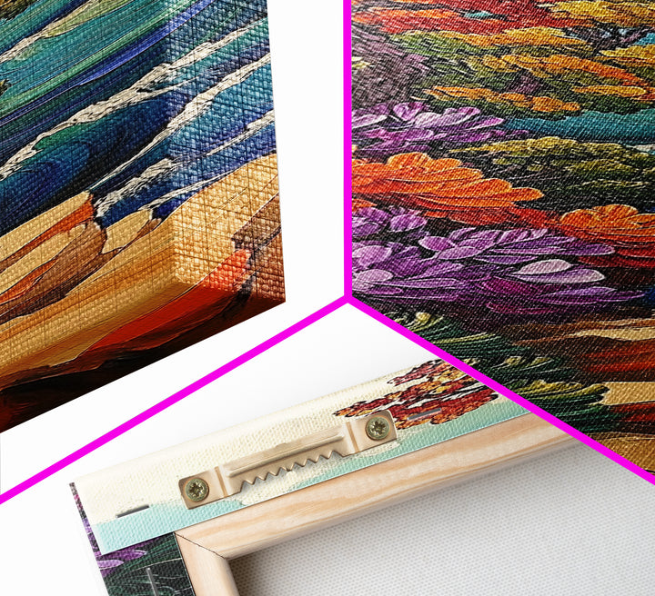 Autumn Cliff, Blossoms Ocean, Framed Canvas Print, fall coastal landscape art, mountainside floral decor, nature living room wall print