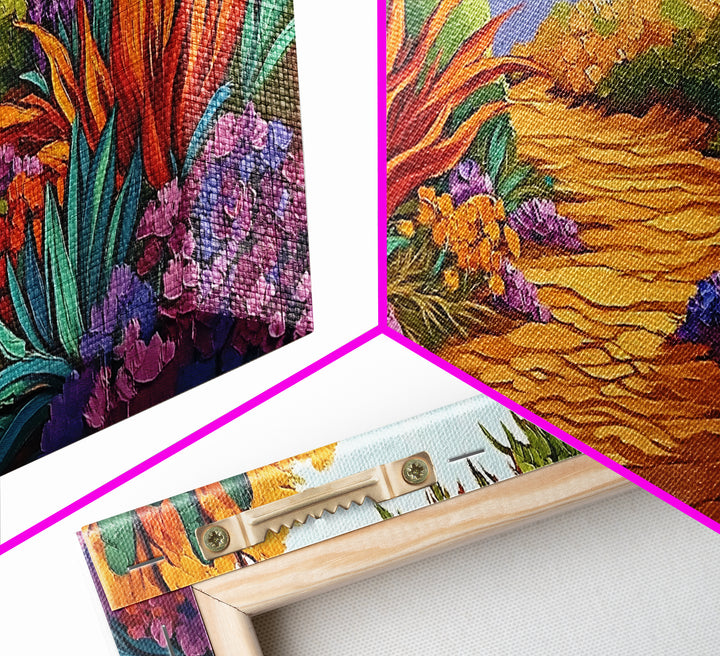 Autumn Pathway, Forest, Flowers, Framed Canvas Print fall landscape painting, nature wall art, rustic cabin decor, living room art