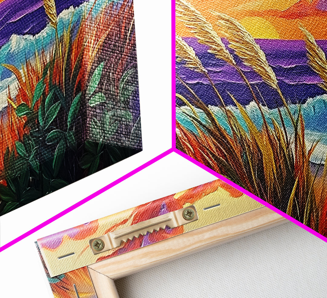 Ocean Sunset, Dunes, Seagrass, Canvas Print beach landscape wall decor, coastal art, vibrant sunset painting, tropical boho home decor