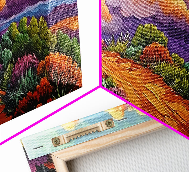 Autumn Trail, Clouds, Flowers, Canvas Print, fall mountain trail painting, landscape wall art, rustic cabin decor, hallway artwork