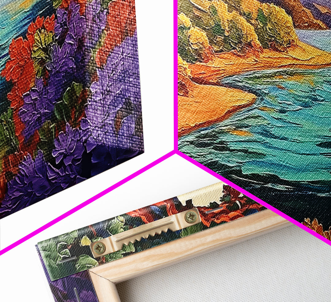 Colorful Coastal, Framed, Bright tropical coastal landscape view with water and foliage, Framed Canvas Print, living room wall art