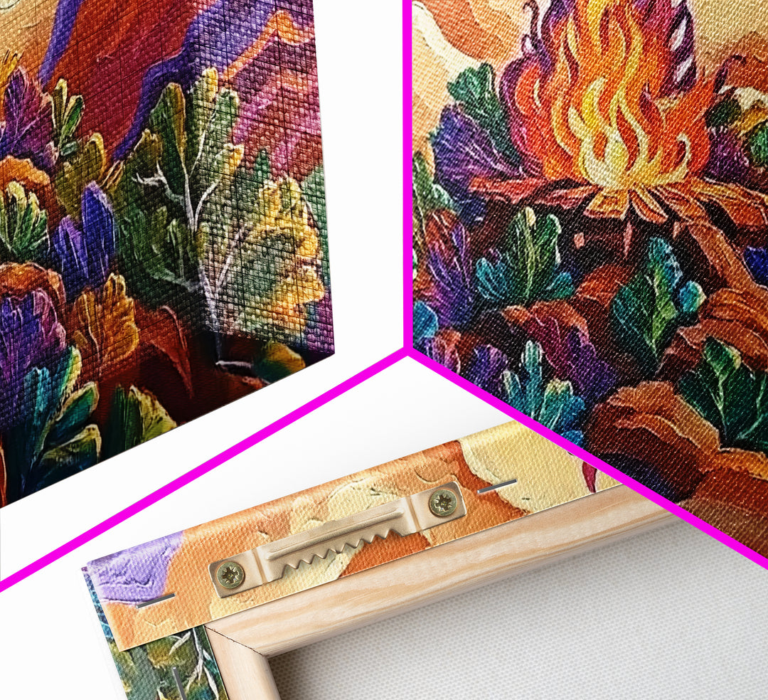 Campfire, Mountains, Glow, Vibrant campfire scene with colorful mountains and plants, Framed Canvas Print, rustic cabin wall art