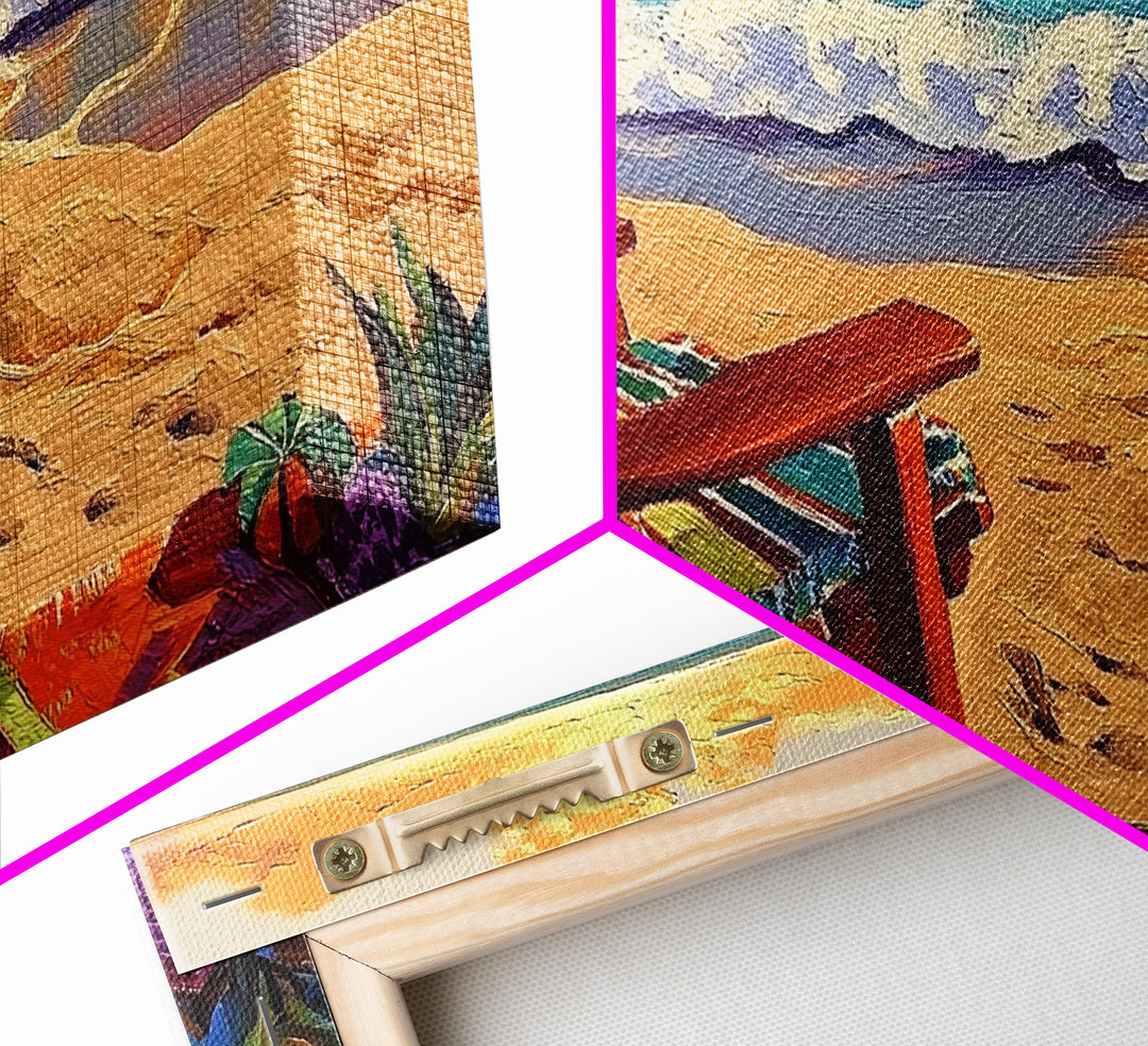 Chair Ocean, Sunset, Framed Canvas Print, Tranquil Beach Chair Painting, Relaxing Seaside Wall Decor, Zen Office Artwork