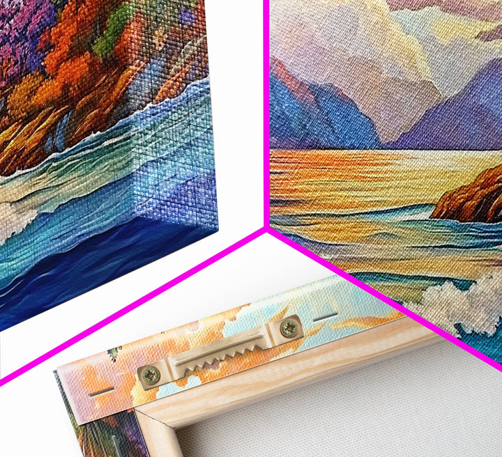 Ocean Sunset View, Vibrant Coastline, Mountain Landscape, Canvas Print, Living Room Wall Art, Colorful Seascape, Nature Painting