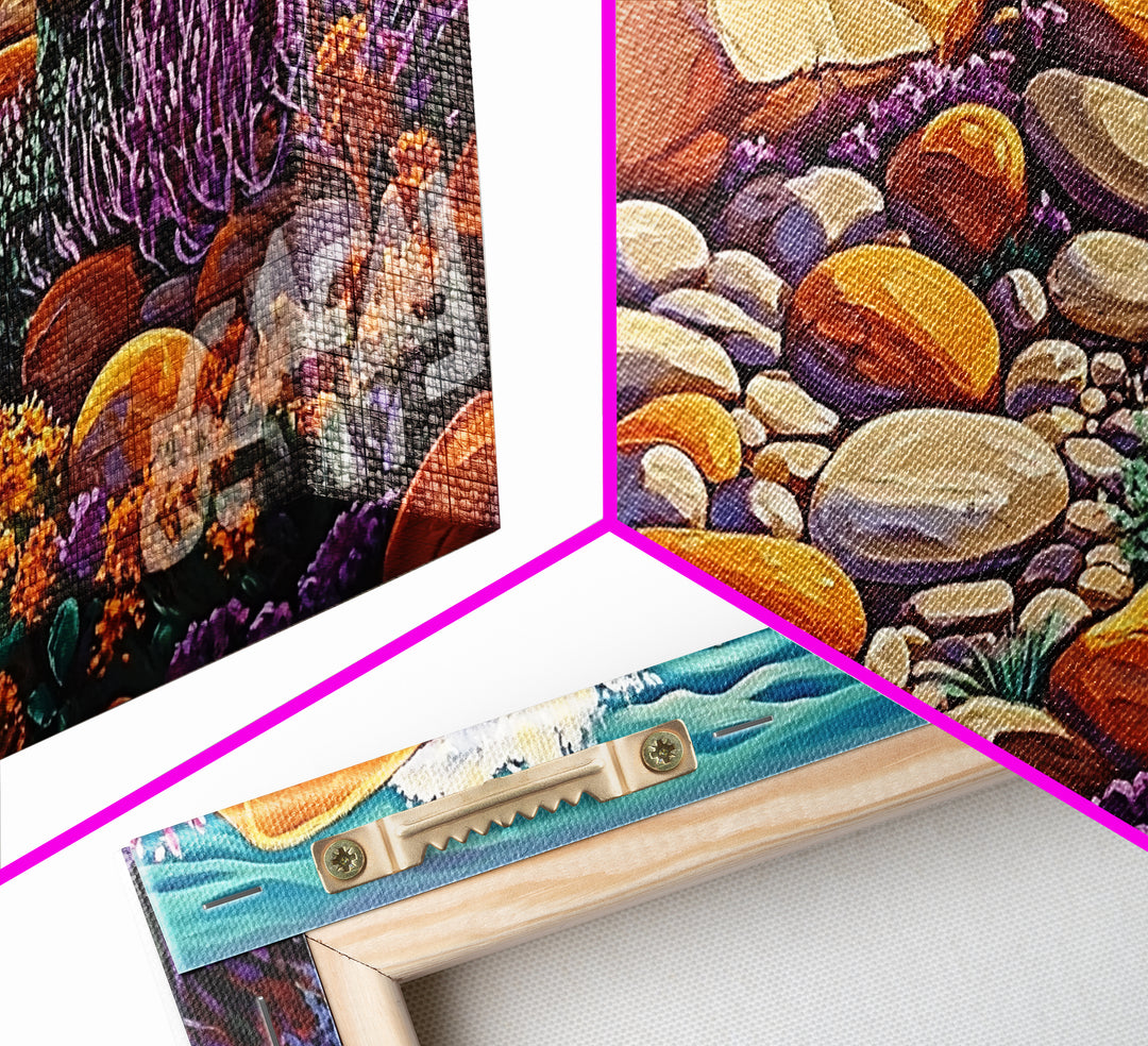 Coastal Garden, Rocks, Framed Canvas Print, Seaside nature landscape wall decor, Kitchen Wall Art, coastal art, vibrant summer vibe