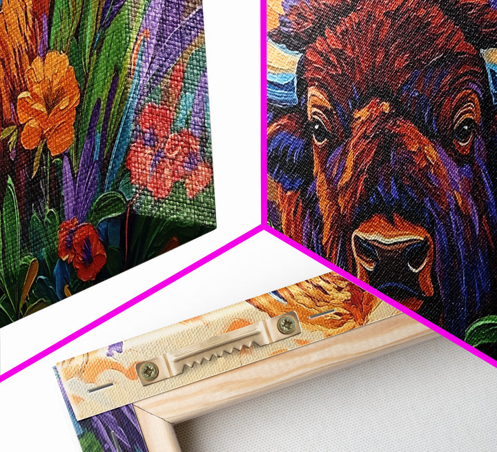 Buffalo Flowers, Bold, Canvas Print, Western bison face art, eclectic boho style, Living Room Wall Art, vibrant wildlife painting