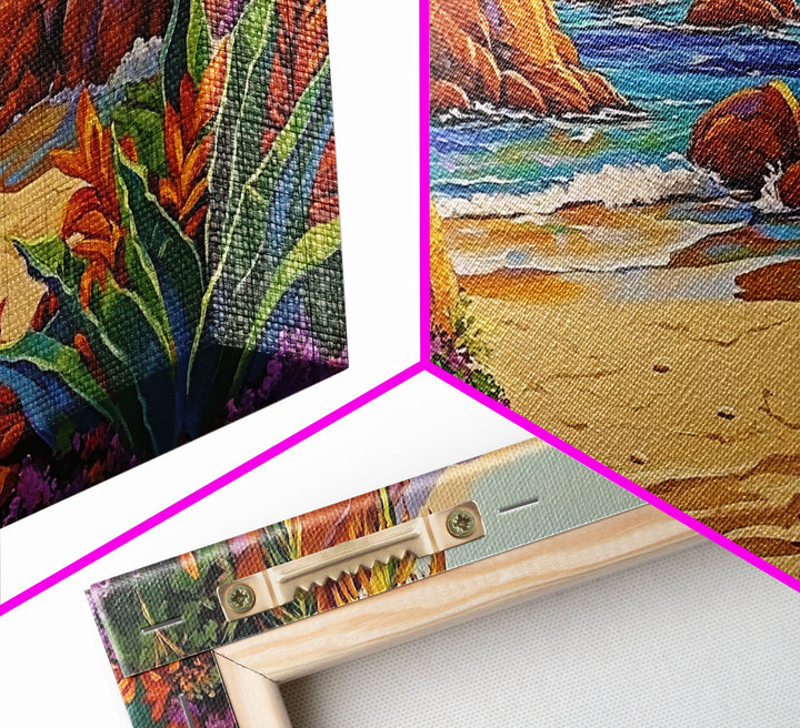 Cove Palms, Beach, Framed Canvas Print, Secluded tropical beach scene, Bedroom Wall Art, boho paradise vibes, coastal summer escape