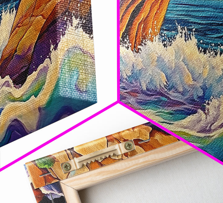 Cave Ocean, Wave, Cliff, Canvas Print, Coastal Nature Art, Bold Seaside Landscape Painting, Living Room Wall Decor, Nature Escape