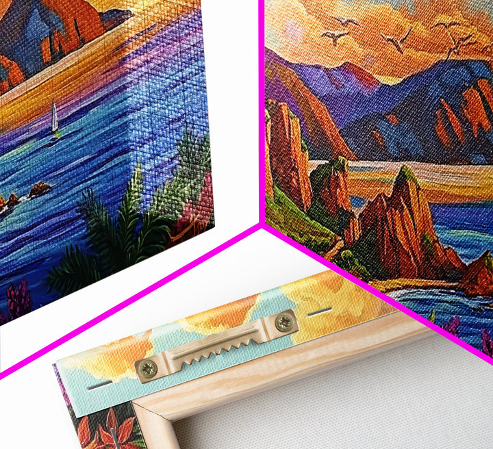 Coastline Mountains, Sunset, Landscape, Framed Canvas Print, Seascape Wall Art, Coastal Decor, Colorful Landscape, Living Room Beach Art