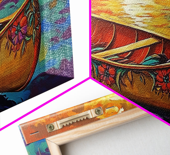 Canoe Sunset, Ocean, Solitude, Framed Canvas Print, Tranquil Beach Wall Art, Summer Decor, Nautical Painting, Living Room Accent