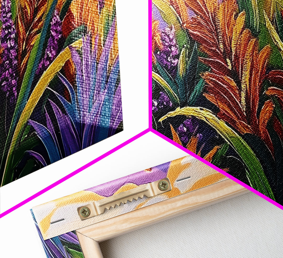 Botanical Sunset, Mountain, Framed Canvas Print, Vibrant Flower Field Painting, Nature Boho Wall Art, Sunset Hallway Decor