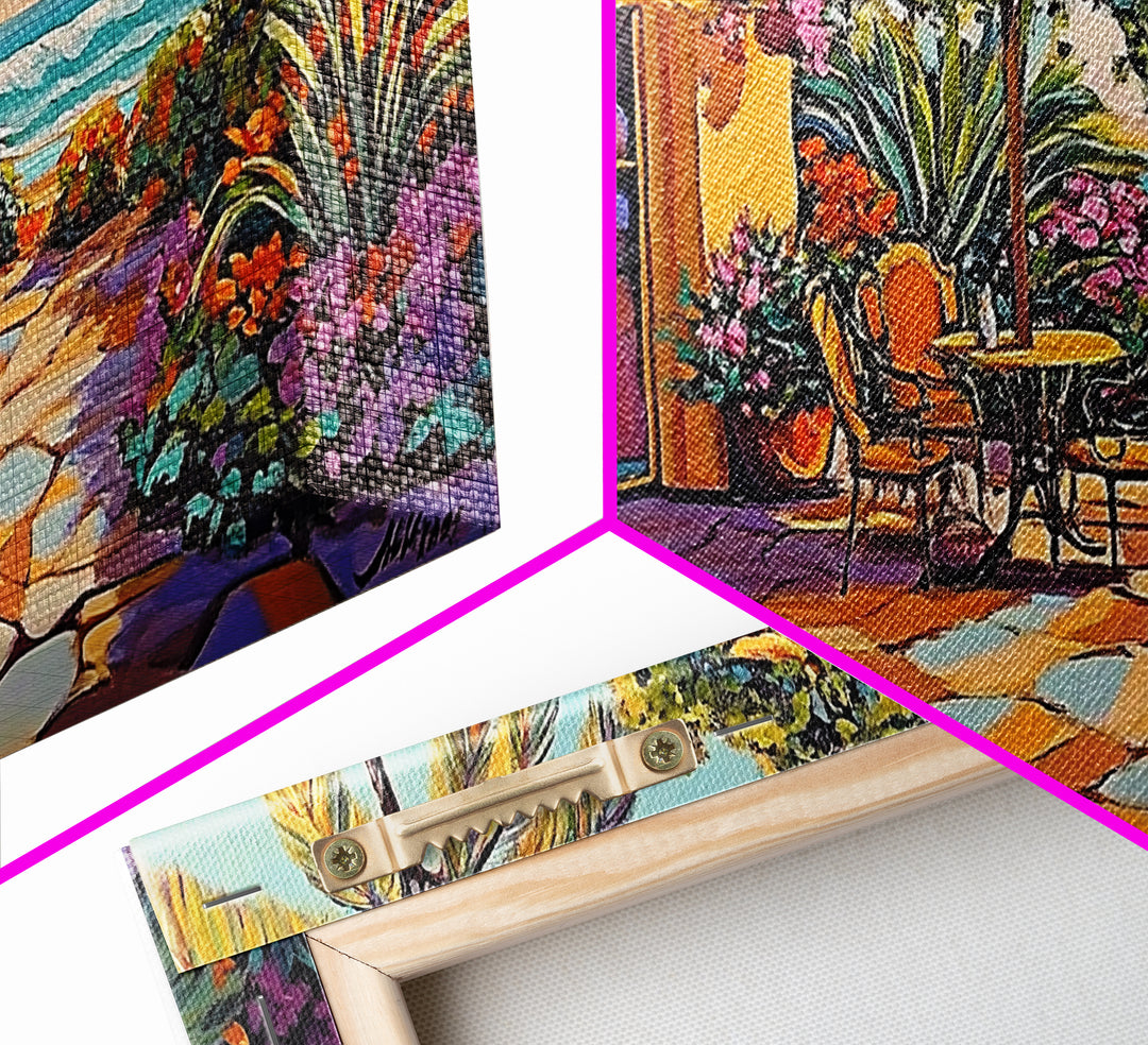 Patio Palm, Ocean, Framed Canvas Print, Tropical Patio Garden Scene, Warm Mediterranean Style Wall Decor,  Dining Room Art