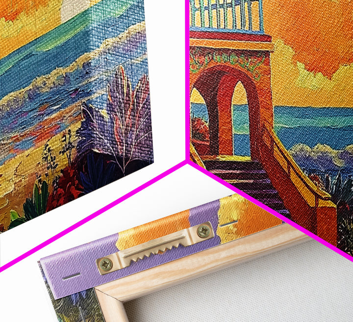 Beach Sunset, Tower, Tropical, Canvas Print, Coastal sunset art, boho beach house decor, vibrant tropical wall art, living room art