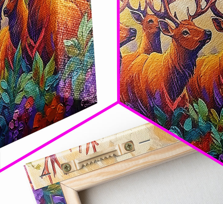 Deer Autumn, Forest, Scene, Framed Canvas Print wildlife cabin wall decor, vibrant Fall nature art, lodge living room print