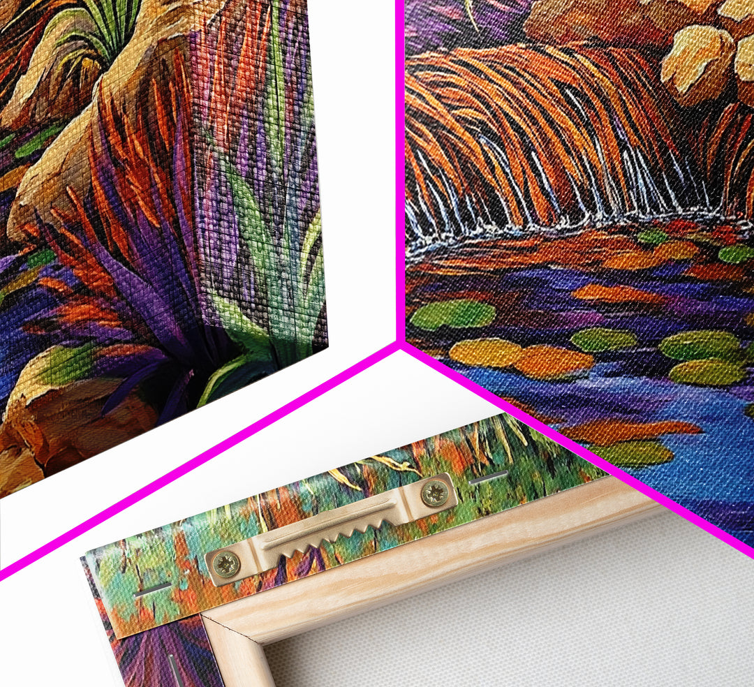 Desert Waterfall, Vibrant, Nature, Framed Canvas Print, desert oasis waterfall, Living Room Wall Art, colorful landscape painting