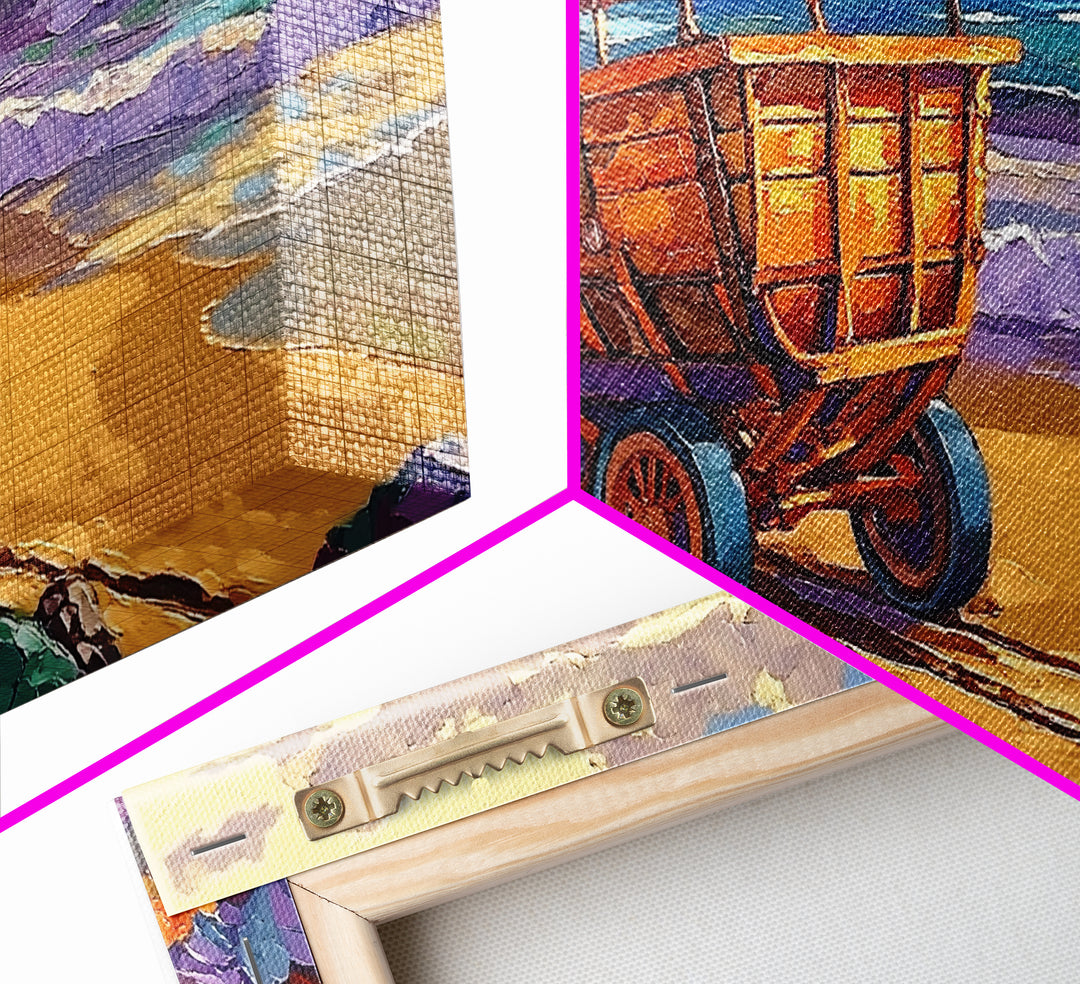 Coastal Cart, Tropical Beach, Ocean Shoreline, Framed Canvas Print, Rustic Wall Art, Coastal Living Room Decor, Summer Vibes Painting