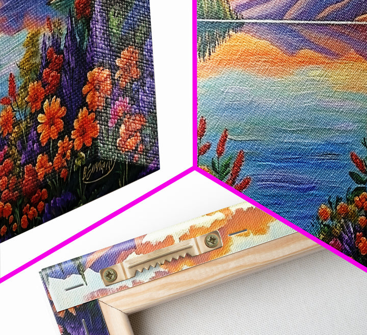 Mountain Lake, Sunset Reflection, Wildflower Meadow, Canvas Print, Vibrant Nature Art, Living Room or Cabin Wall Decor