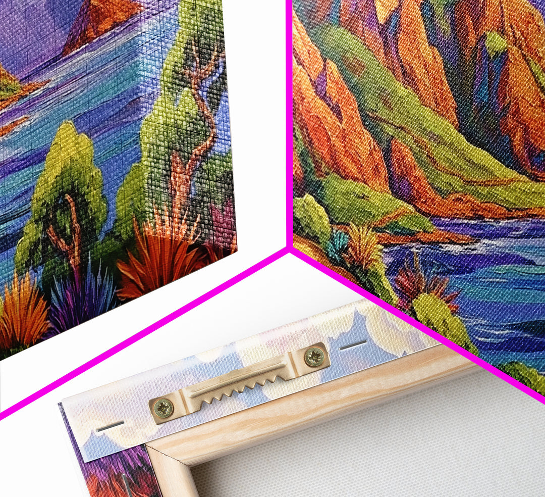 Coastal Cliffs, Tropical Shoreline, Sunset Mountains, Canvas Print, Boho Nature Wall Art, Office Decor, Landscape Painting