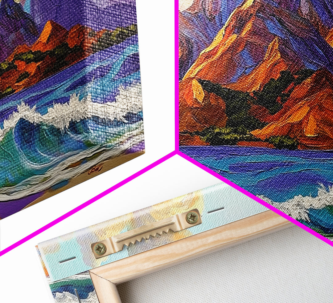 Ocean Peak, Island Sunrise, Vibrant Mountain, Framed Canvas Print, Bold Coastal Art, Beach House Wall Decor, Sunset Vibes