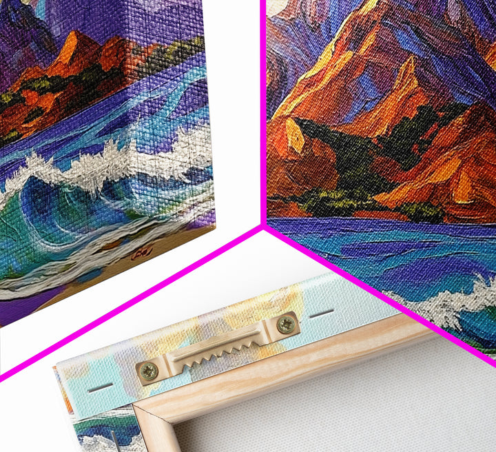 Ocean Peak, Island Sunrise, Vibrant Mountain, Framed Canvas Print, Bold Coastal Art, Beach House Wall Decor, Sunset Vibes