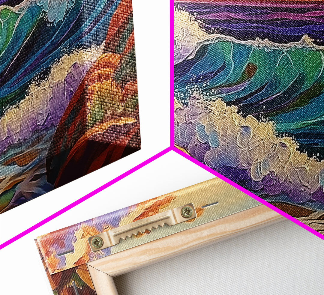 Coastal Splash, Sunset Rocks, Ocean Wave, Framed Canvas Print, Bold Nature Wall Art, Living Room Decor, Vibrant Seaside Artwork