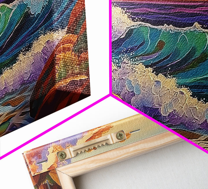 Coastal Splash, Sunset Rocks, Ocean Wave, Framed Canvas Print, Bold Nature Wall Art, Living Room Decor, Vibrant Seaside Artwork