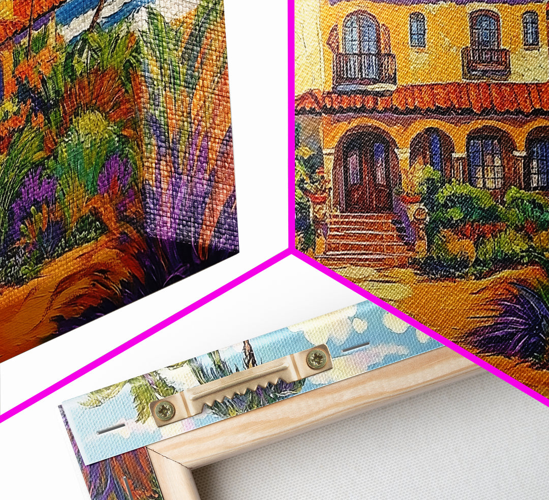 Tropical Villa, Palm Trees, Coastal, Framed Canvas Print, Spanish beach house art perfect Dining Room Wall Art or Vacation Home Decor