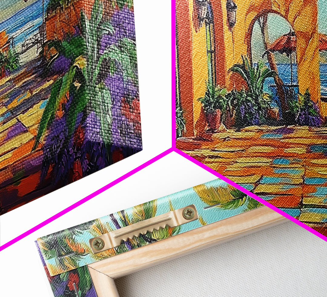 Coastal Patio, Palm View, Sunset, Canvas Print, Mexican beach terrace painting great Entryway Wall Art or Mediterranean Home Decor