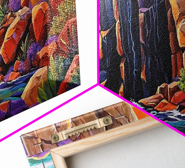 Desert Sunset, Cliffs, Nature, Framed Canvas Print, rocky cliffs and sea, Boho Living Room Wall Art, colorful sunset art, coastal vibes