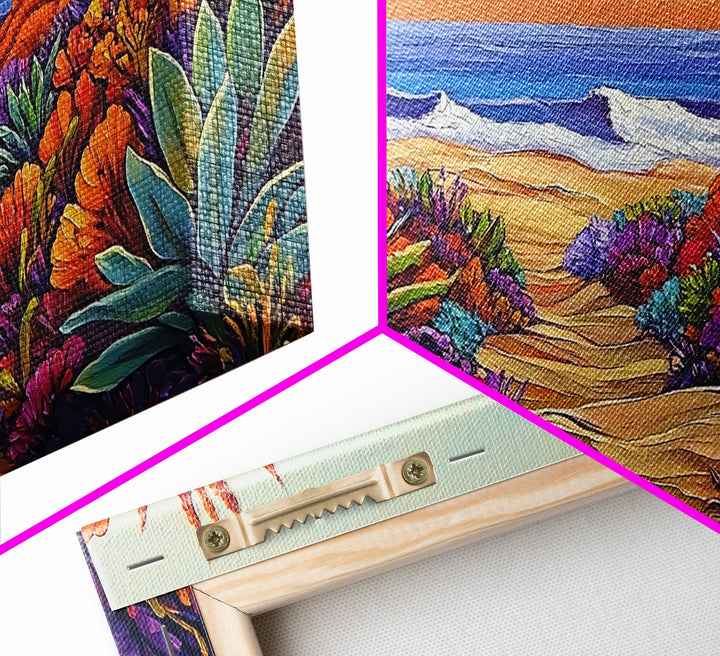 Beach Trail, Succulents, Ocean Path, Framed Canvas Print, Vibrant desert-to-ocean painting perfect Kitchen Wall Art or Boho Coastal Decor