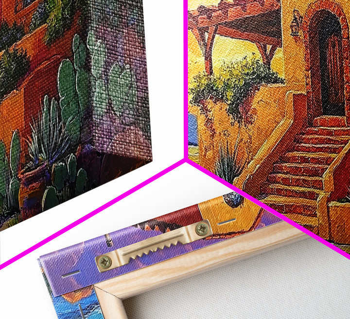 Desert Adobe, Sunset, Southwest, Framed Canvas Print, southwestern home art, rustic decor, living room wall art, fall adobe style