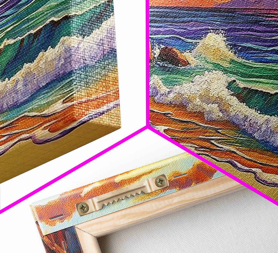 Coastal Sunset, Waves, Shore, Framed Canvas Print, ocean beach decor, seascape living room wall art, tropical boho coastal style