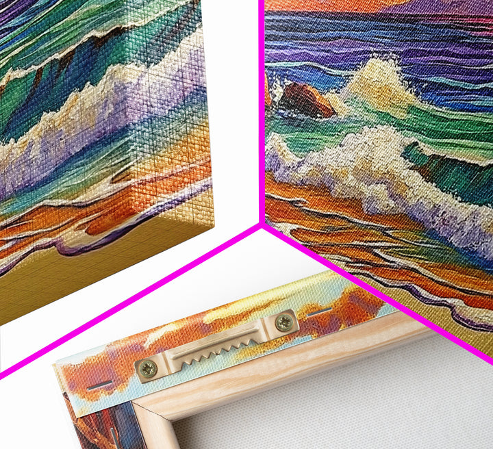 Coastal Sunset, Waves, Shore, Framed Canvas Print, ocean beach decor, seascape living room wall art, tropical boho coastal style