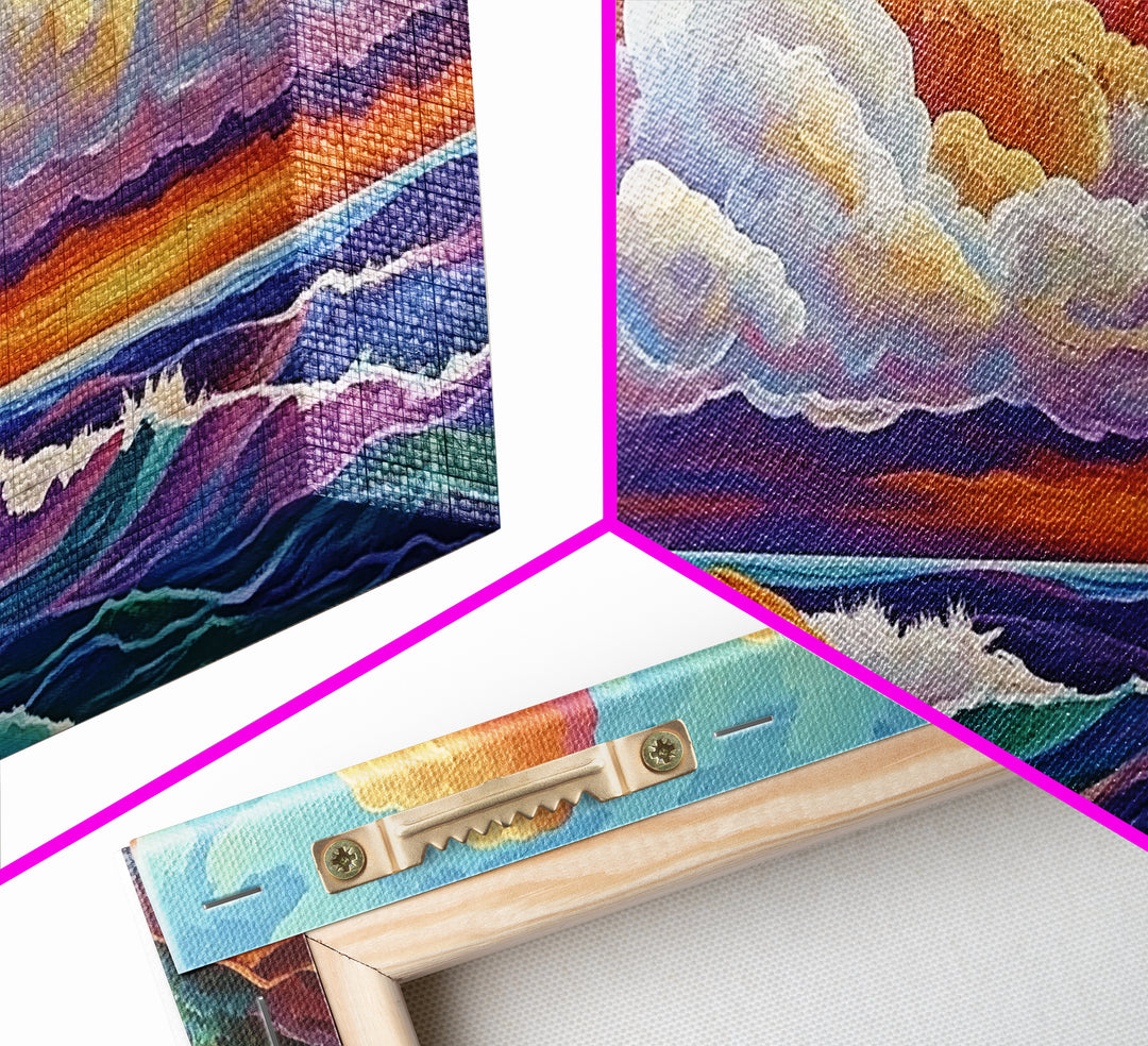 Clouds Ocean, Sunset, Dreamy, Framed Canvas Print, whimsical seascape, vibrant wave art, living room decor, beach wall art