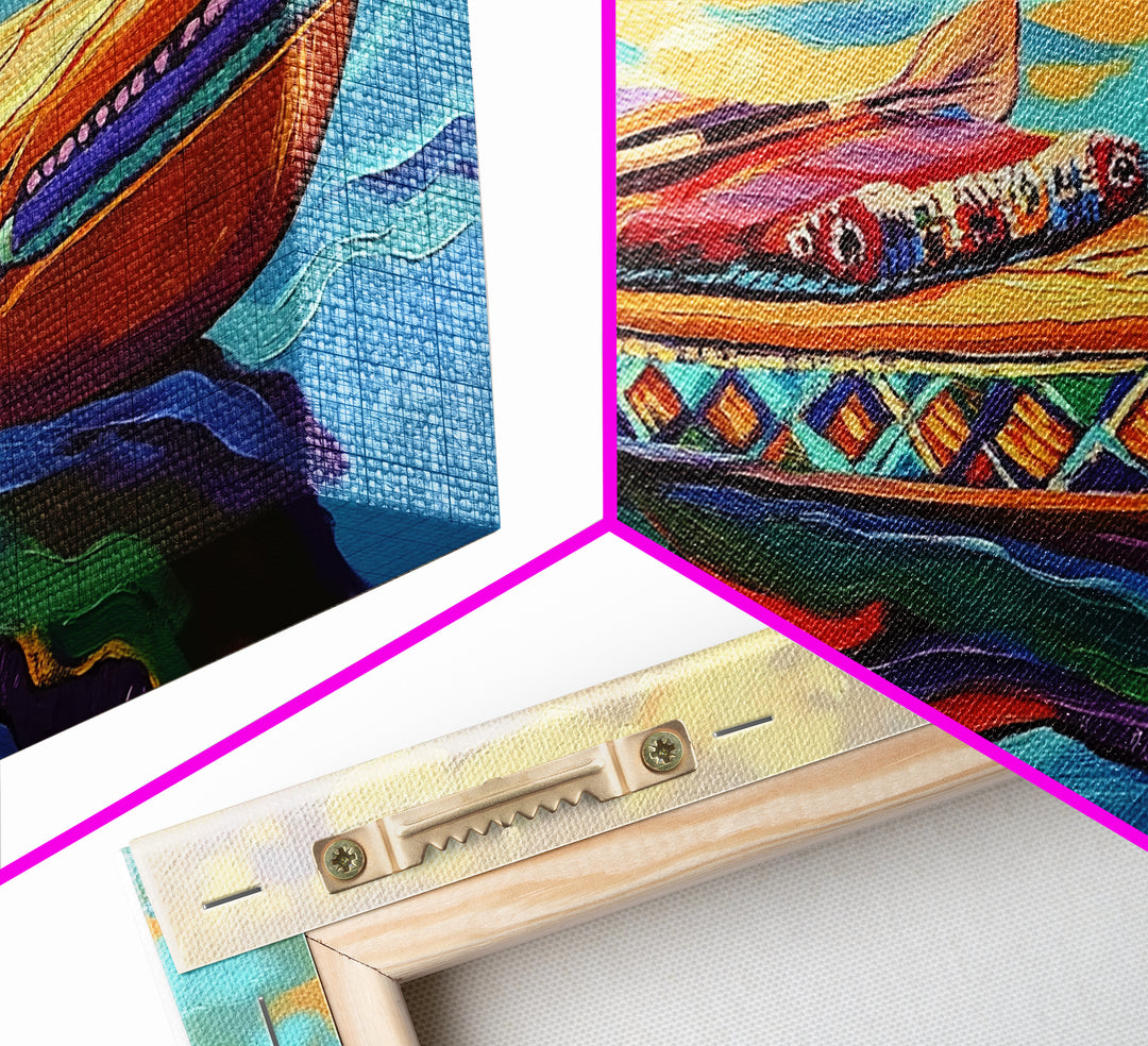 Canoe Water, Colorful, Tribal, Canvas Print, boho kayak art, nautical decor, beach house wall art, rustic folk painting, summer vibe
