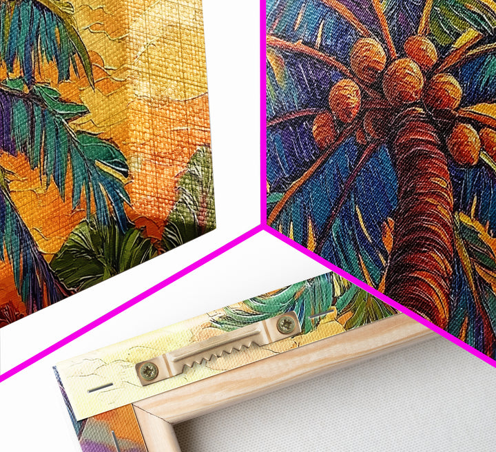 Palm Tree Sunset, Tropical, Framed Canvas Print, Bold colorful palm tree art in sunset sky, great Summer Beach Wall Art, tropical decor