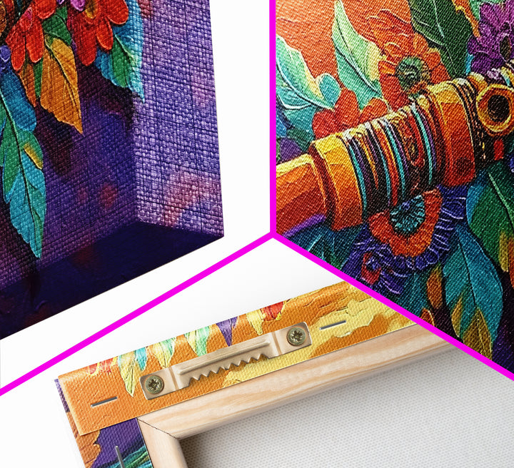 Native Flute, Flowers, Sunset, Framed Canvas Print, Spiritual Native American flute art with flowers and mountains, Boho Wall Art